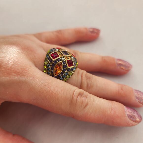 Heidi Daus Cocktail Ring Ornate Bombay Red Multi Crystal Bronze Size 8 - Picture 3 of 11